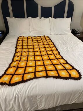 Vintage Yellow and Brown Crochet Throw Blanket